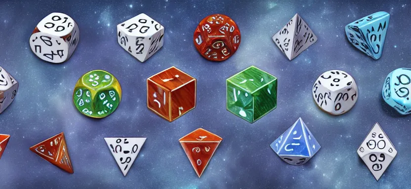 Prompt: planets shaped like polyhedral dice, digital art, extreme detail