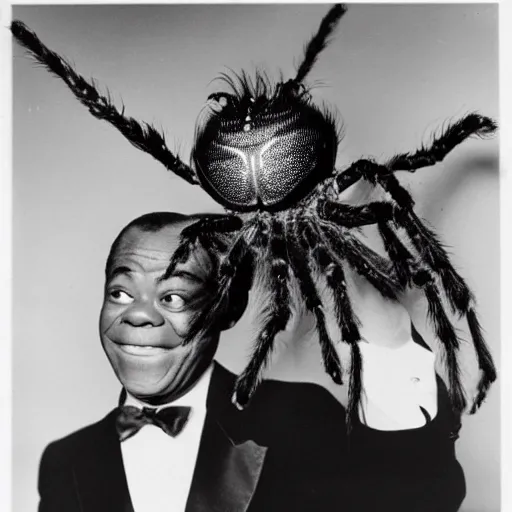 Prompt: louis armstrong winking and holding a giant hairy spider, professional photograph