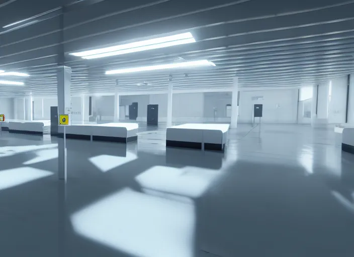 Image similar to cctv footage of a large white empty breakroom with a security checkpoint, retrofuturist liminal space, familiar place, clean, black mold, amateur, unreal engine, photorealistic, trending on artstation