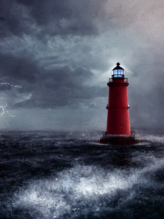 Prompt: photo of 8k ultra realistic lighthouse on island, heavy rain, ,lightning storm, boat lights in distance, night, light shining, heavy seas, full of colour, cinematic lighting, battered, trending on artstation, 4k, hyperrealistic, focused, extreme details,unreal engine 5, cinematic, masterpiece, art by studio ghibli