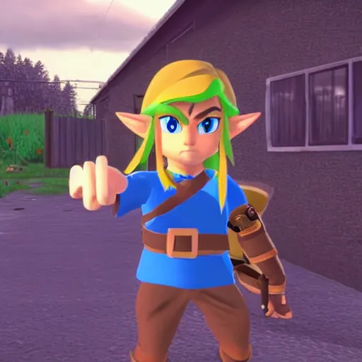 Image similar to link from legend of zelda visits the trailer park boys and smoke's weed with them, real trailer park boys episode, realistic, hdr, clear image, hdd, rtx on, dynamic lighting,