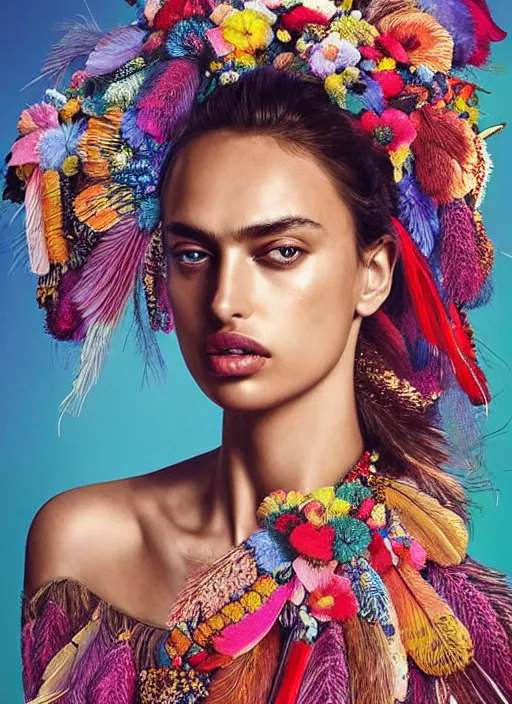 Prompt: beautiful portrait of Irina Shayk wearing fantastic Hand-dyed cotton dress,embellished beaded feather decorative fringe knots ,colorful pigtail,subtropical flowers and plants,symmetrical face,intricate,elegant,highly detailed,8k,digital painting,trending on pinterest,GUCCI,PRADA,harper's bazaar,concept art, sharp focus,golden ratio,illustration,by artgerm,Tom Bagshaw,Lawrence Alma-Tadema,greg rutkowski