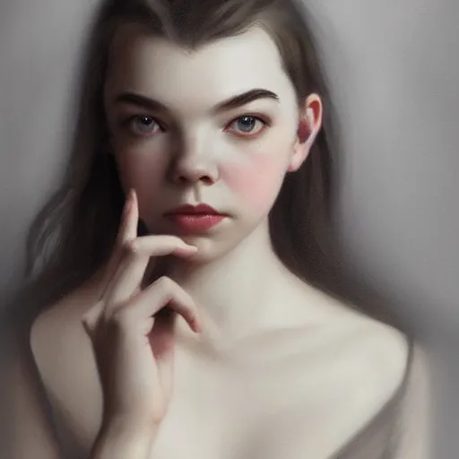 Prompt: Anya Taylor-Joy showing her ring on correct cute female finger, realistic, digital painting, portrait, elegant, cinematic lighting, mysterious, highly detailed, artstation, concept art, illustration, smooth, sharp focus, editor's pickup, trending on artstation, trending on deviantart, alphonse mucha, WLOP