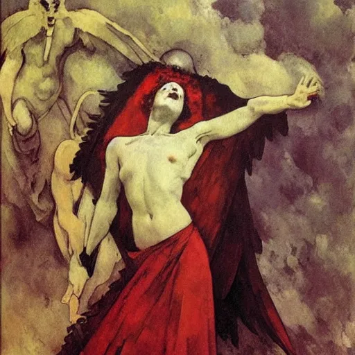 Prompt: aesthetically pleasing image of the whitewinged angel of death wearing a crimson and black robe descending on the lonesome faceless phantoms in their graves paul cezanne arthur rackham norman rockwell oil painting