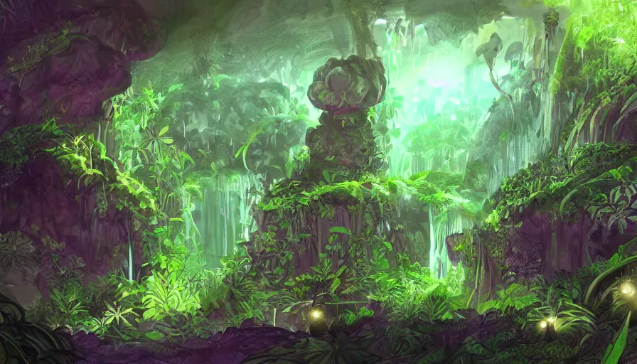 Prompt: concept art sketch of underground jungle cave with luminescent plants