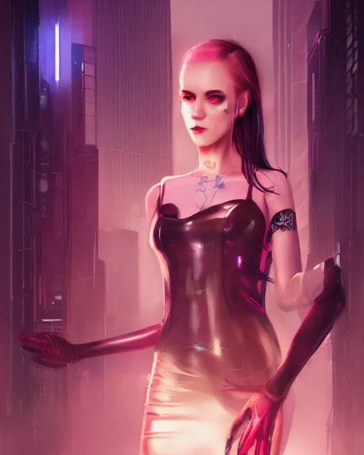 Prompt: Portrait of a futuristic rogue by Charlie Bowater, latex dress, gothic, short red hair, blue and pink rim lights, backlit, cyberpunk city backdrop