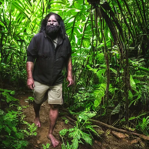 Image similar to george washington cave man, piercing eyes, walking towards camera in the jungle, wildlife camera