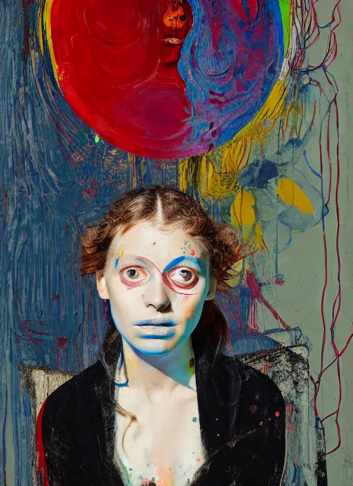 Image similar to portrait of a nervous young girl harlequin sitting on a stool, by vincent lefevre and hernan bas and pat steir and hilma af klint, psychological, photorealistic, symmetrical face, dripping paint, washy brush, threads, rendered in octane, altermodern, masterpiece