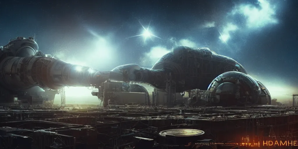 Prompt: photorealistic full wide shot of industrial spaceship, in space, bokeh, Hubble photo background, inspired by Ridley Scott, H R Giger, Warhammer, octane render, HD, volumetric lighting, mist, twilight, detailed