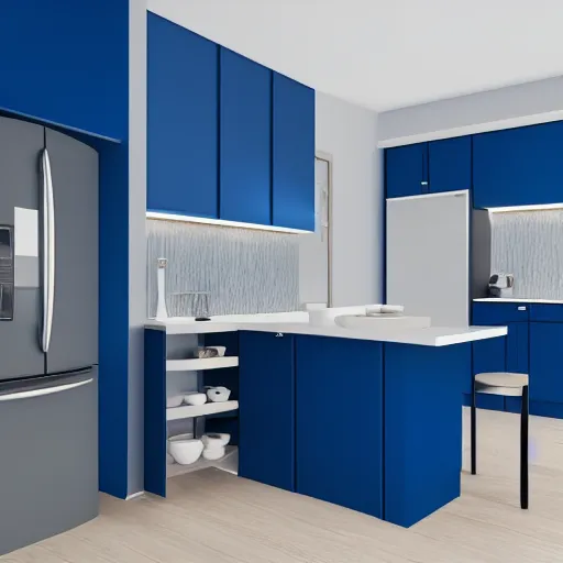 Prompt: interior of a modern minimal kitchen, blue color scheme, photorealist, 4 k