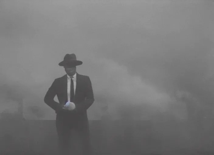 Image similar to mysterious man in suit and hat wrapped in cigarette smoke, in a big industrial city metropoli with a cloudy sky, polaroid artistic photo