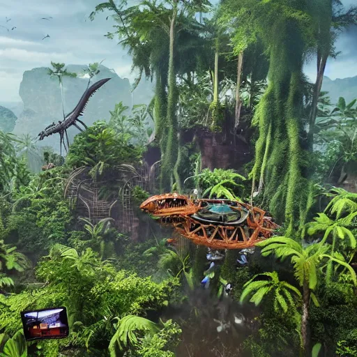 Prompt: a drone view of an elaborate time machine with floating platform over a prehistoric jungle with a t - rex in the background, unreal engine, hyper detailed