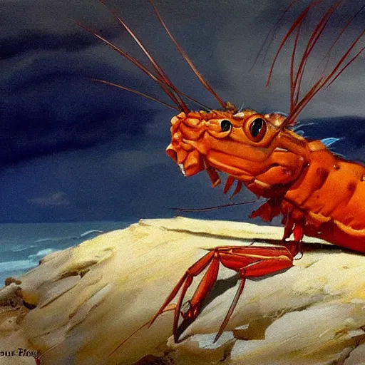 Image similar to ultra realistic portrait painting of a red prawn on a white beach, art by frank frazetta, 4 k, ultra realistic, highly detailed, epic lighting