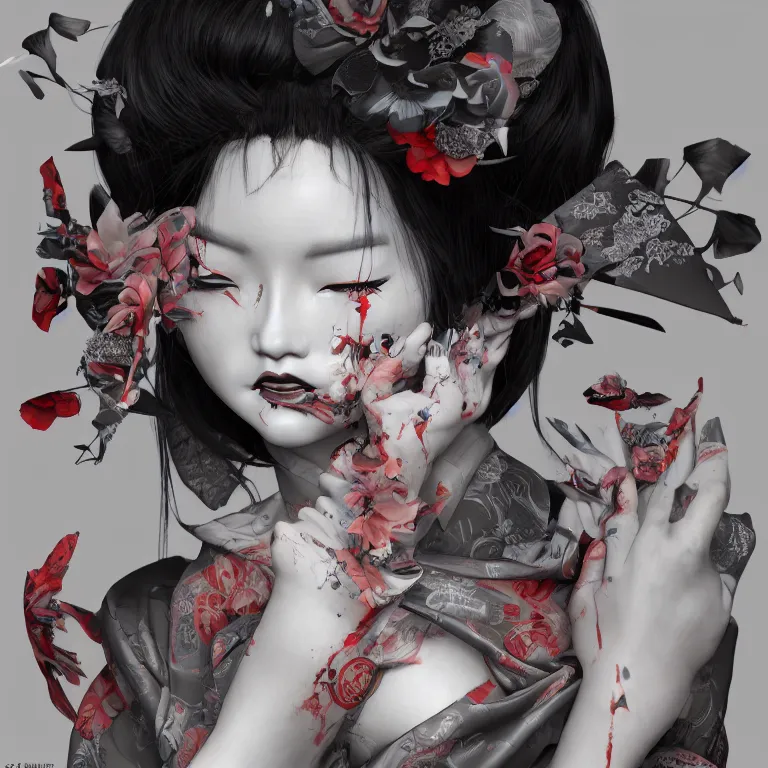 Image similar to disconfigured geisha, dark art by james jean, part by ross tran, part by ariduka 5 5, ultra realistic, high definition, 3 d render, masterpiece