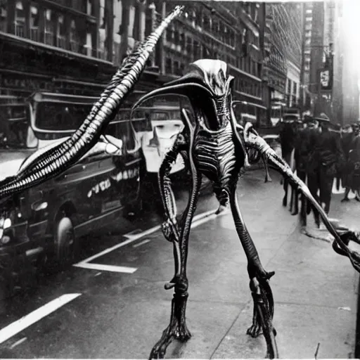 Image similar to old black and white photo, 1 9 1 3, depicting a xenomorph from the movie aliens rampaging through the bustling streets of new york city, historical record