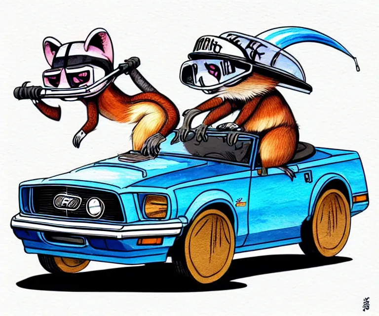 Prompt: cute and funny, racoon wearing a helmet riding in a tiny hot rod 1 9 8 8 ford mustang 5. 0 cobra, ratfink style by ed roth, centered award winning watercolor pen illustration, isometric illustration by chihiro iwasaki, edited by range murata