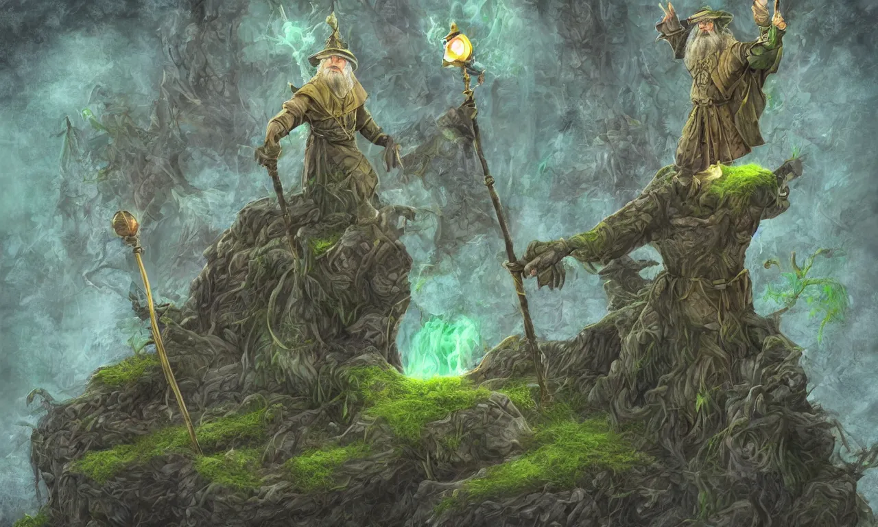 Prompt: a wizard with a staff, discworld theme, moss, nordic, pastel colors, 3 d art, digital illustration, perfect lighting