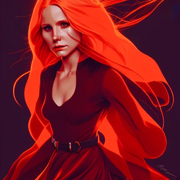 Image similar to style artgerm, joshua middleton, beautiful kristen bell with dark red dress, very long orange hair, symmetrical face, symmetrical eyes, fire powers fire swirling, detailed, volcano setting, cinematic lighting