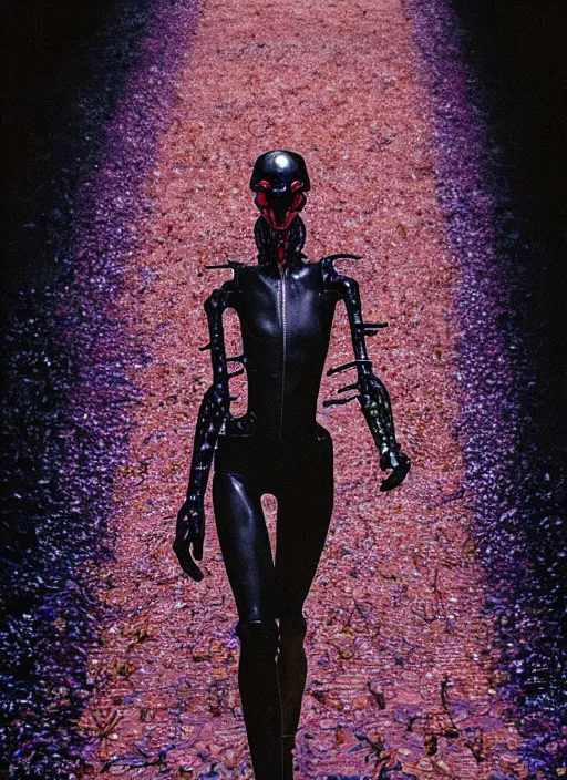 Image similar to walking down the catwalk, steven klein, show, stage, vogue photo, podium, fashion show photo, iris van herpen, beautiful woman, full body shot, helmet on face, masterpiece, plant predator, guyver, jellyfish, biomechanical details, movie still, fauvism, cinestill, bokeh, gelios lens