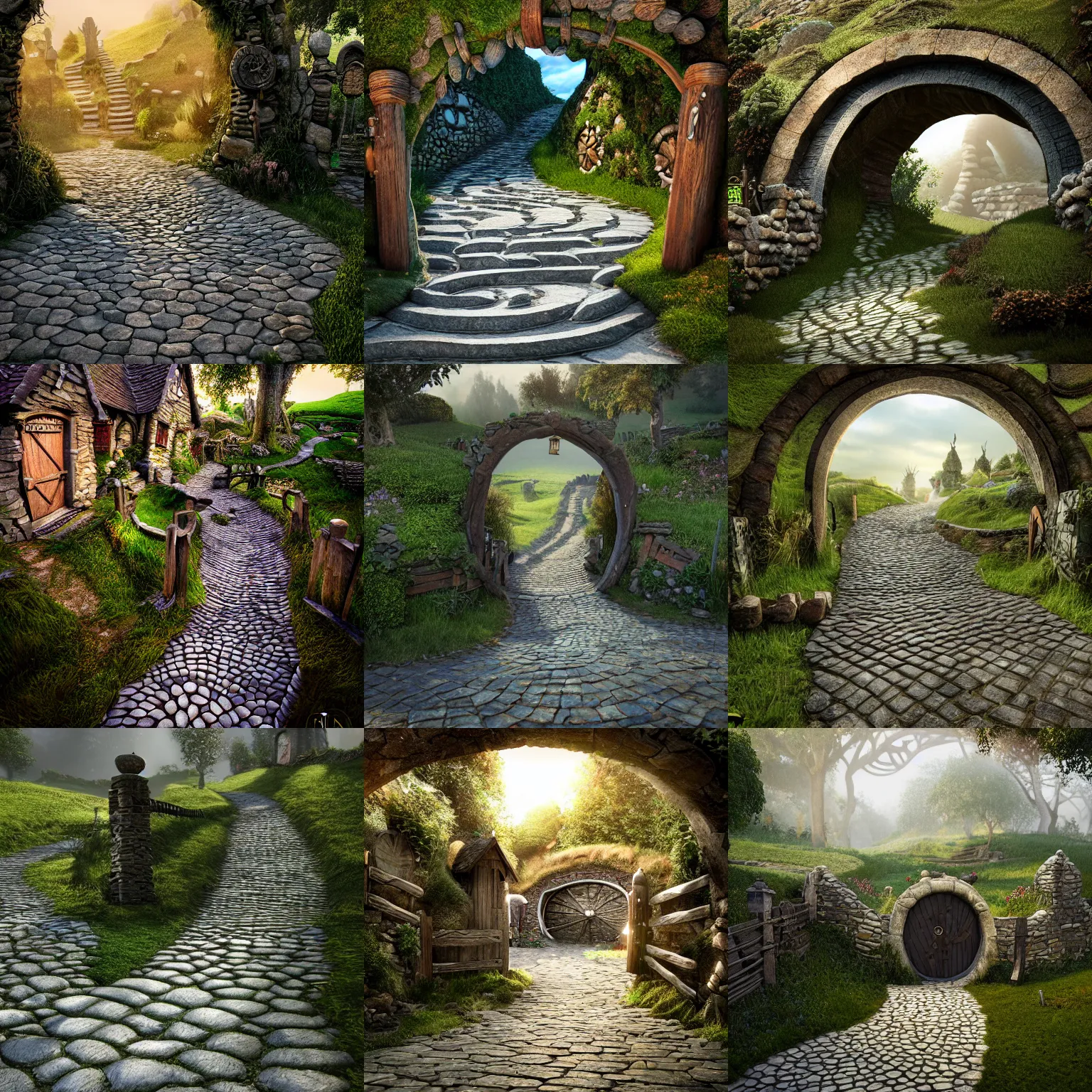 Prompt: spiraling cobblestone path leading to the wooden gates to the shire, hobbiton, intricate detail, volumetric lighting, epic composition, hyper detailed, ultra realistic, sharp focus, octane render, volumetric, ray tracing, sense of awe, swirling mist, 4 k