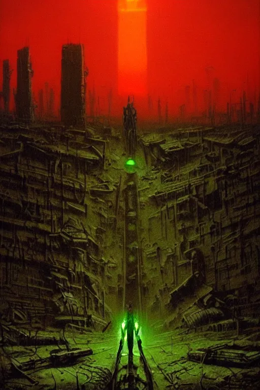 Image similar to glowing green alien crystals irradiating zombie infested city, orange and red wasteland, survival post - apocalyptic, ruined tanks, beksinski, dark sci - fi