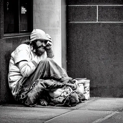 Prompt: bon iver homeless man in portland. photograph.