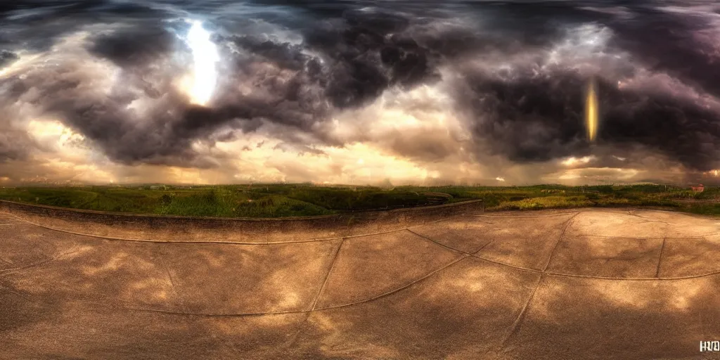 Prompt: hdri dramatic sky with intricated spells and stormcloud glimpses of flares and beams airbrush tones