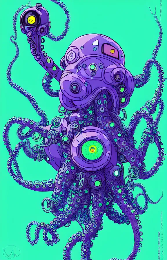 Prompt: robotic cyberpunk octopus by miyazaki, blue green purple color palette, illustration, kenneth blom, mental alchemy, james jean, pablo amaringo, naudline pierre, contemporary art, hyper detailed