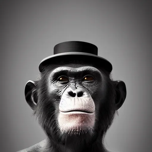 Prompt: photograph of a chimpanzee wearing a monocle and a top hat. 8 k. hyper real. trending on artstation trending on deviantart.