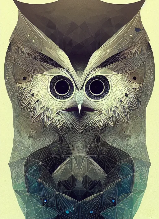 Image similar to portrait of a geometric owl, identical eyes, medium shot, illustration, full body made of white feathers, symmetrical, art stand, super detailed, cinematic lighting, and its detailed and intricate, gorgeous, by peter mohrbacher