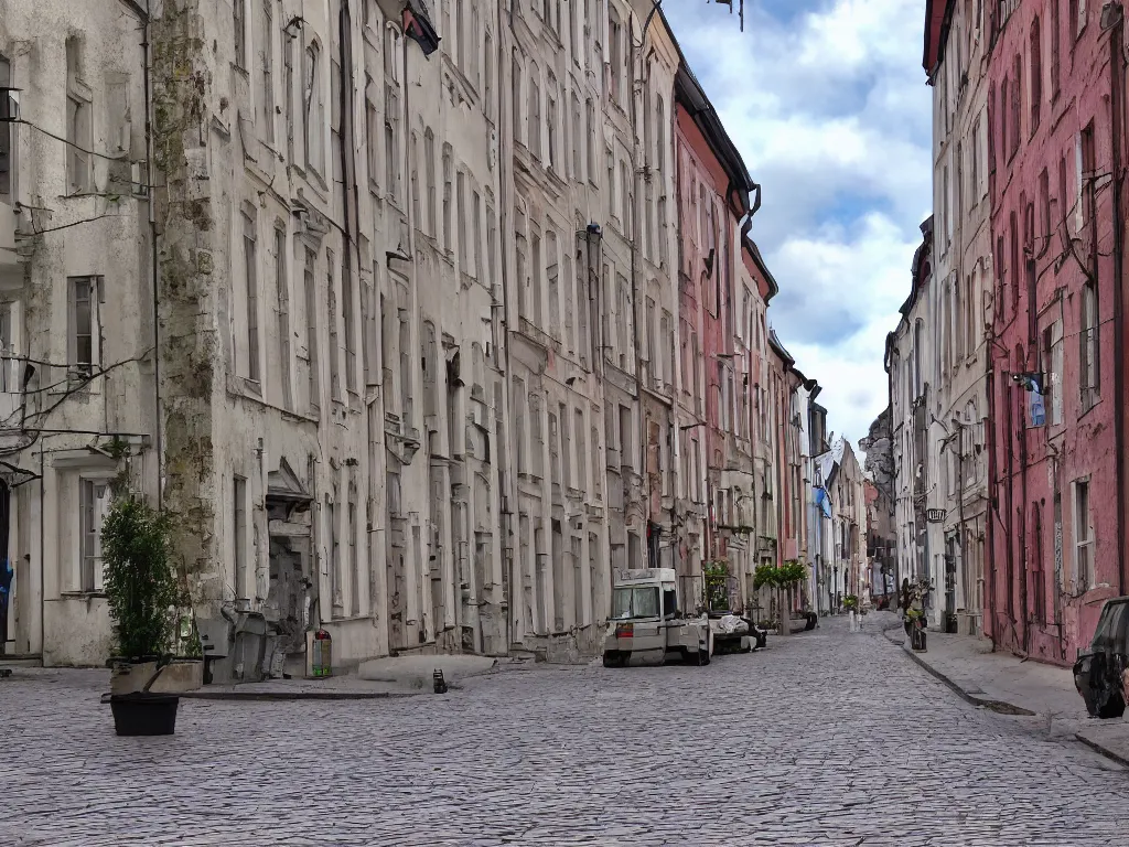 Prompt: Estonian city street as a PS1 first person video game