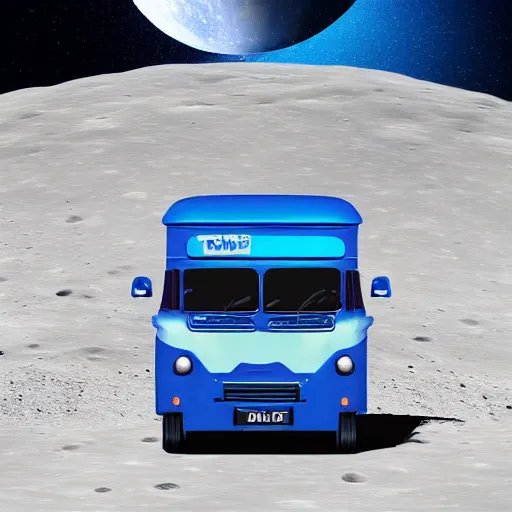 Image similar to a dark blue tuk tuk traveling on the surface of the moon, moon craters, night sky, milky way, hard lighting, matte painting, concept art, 4k