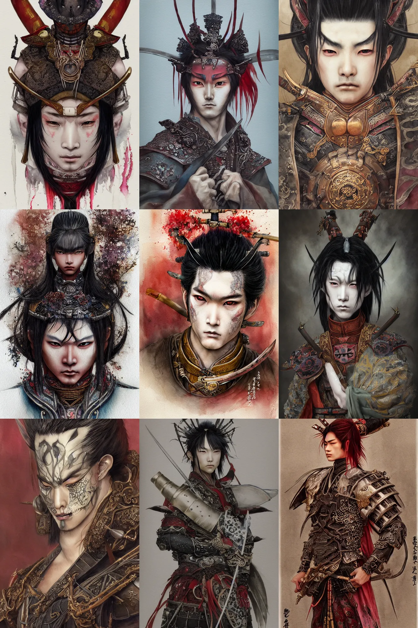 Prompt: watercolor painting of a male japanese bjd samurai warrior in the style of dark - fantasy painted by yoshitaka amano, tom bagshaw, ayami kojima, dmt art, symmetrical vogue face portrait, intricate detail, artstation, cgsociety, artgerm, rococo, red, bronze