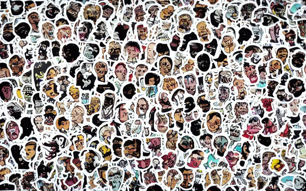Prompt: stickers with heads, isolated on black