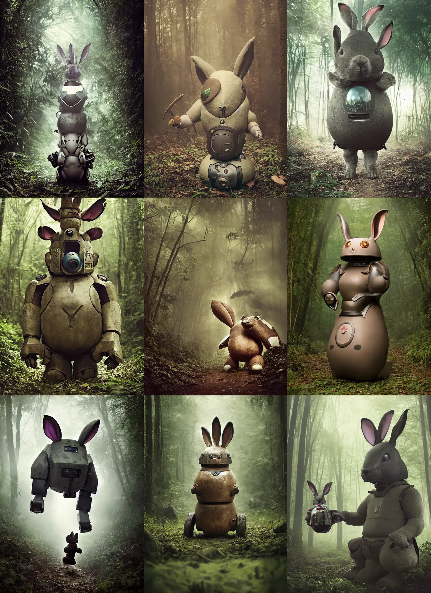 Prompt: dark night giant oversized battle rabbit robot chubby fatmech jar with big ears with rabbit sitting inside, in jungle forest, full body, nighttime, cinematic focus, polaroid photo, vintage, neutral dull colors, soft lights, foggy, overcast by oleg oprisco, by thomas peschak, by discovery channel, by victor enrich, by gregory crewdson