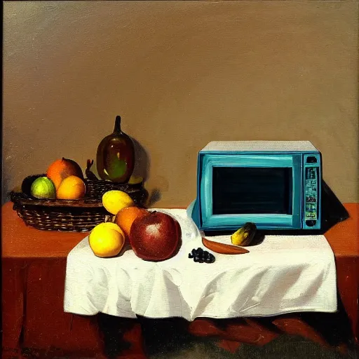 Prompt: A still life of a microwave, Gaspar Peeter, Max Carlier, (oil) painting, table, fruit bowl, ((window))