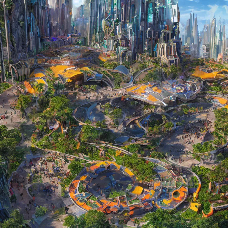 Prompt: environment concept art location of a giant outdoor amphitheater in a sci-fi eco-city, skybridges, turrets, crowded, hundreds of pedestrians, sunbeams, bold bright colors, unreal engine, detailed, octane render, 4k, photorealistic, cinematic lighting