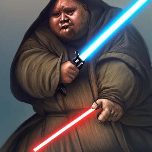 Prompt: highly detailed portrait of morbidly obese jedi fighting a sith, illustration, trending on artstation