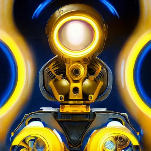 Image similar to symmetry!! portrait of wall - e, sci - fi, tech wear, blue and yellow glowing lights!! intricate, elegant, highly detailed, digital painting, artstation, concept art, smooth, sharp focus, illustration, art by artgerm and greg rutkowski and alphonse mucha