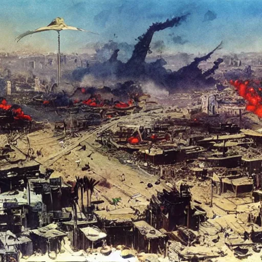 Image similar to the city of baghdad in post apocalyptic Iraq, painting by frazetta, wide angle, panorama