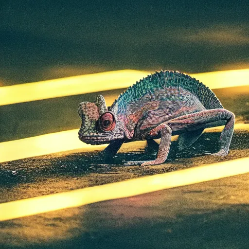 Image similar to a high quality photo of a chameleon on the streets of a cyberpunk city, rainy, reflective ground, neon lights, realism, 8k