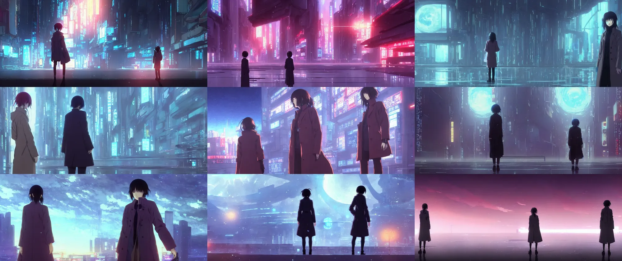 Prompt: a high definition screenshot from the haunting and strange science fiction ( ( ( cyberpunk ) ) ) anime anime anime film ; a lone lone single alone!!!!!!! alone alone female detective wearing a trenchcoat investigates a strange and ethereal dreamscape, digital painting by ( ( makoto shinkai ) ), moebius moebius, surrealism, trending on artstation
