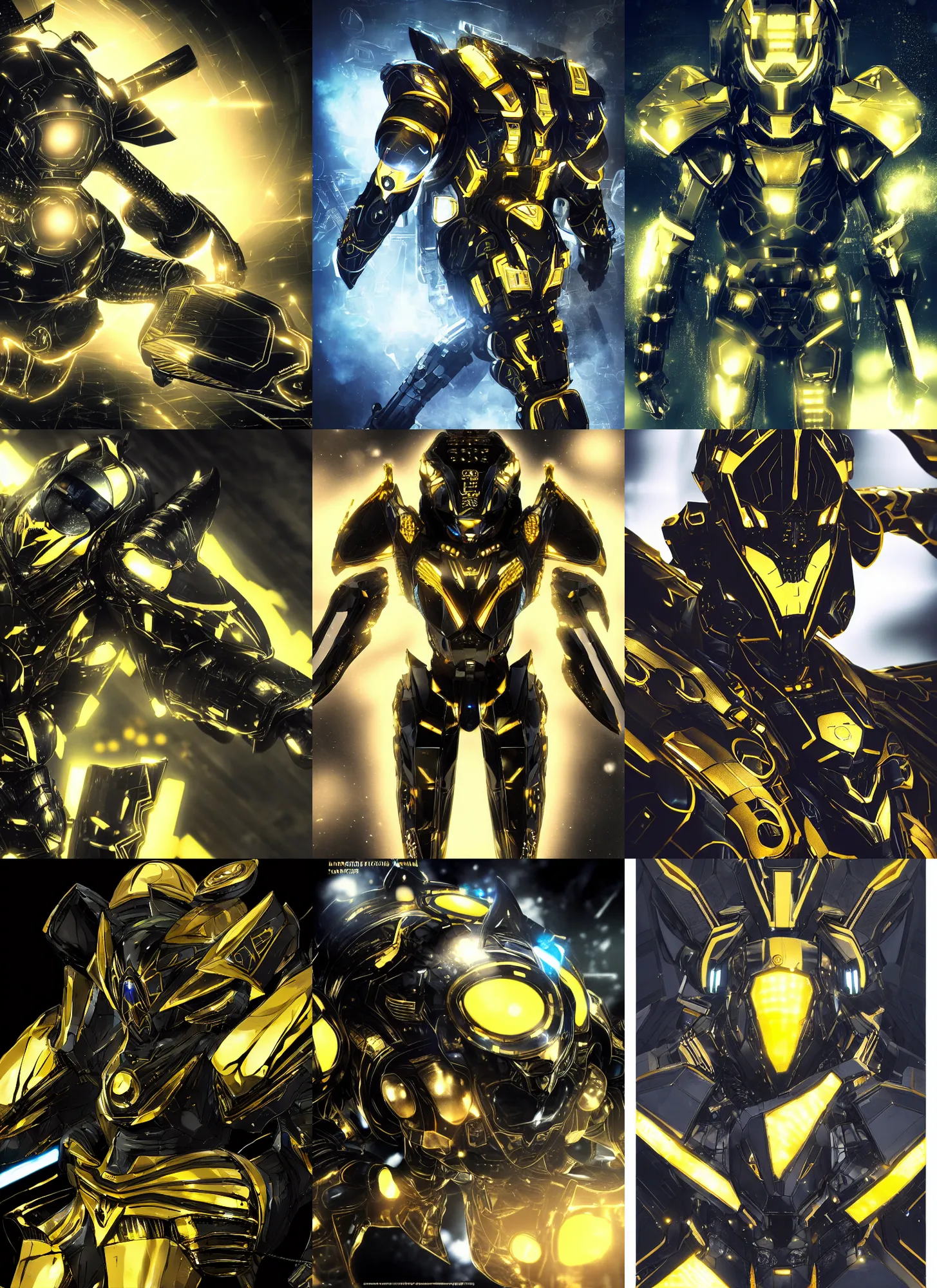 Prompt: black and gold cybertech hornet armor. angular, pointy hidari, blue neon lights, color page, tankoban, 4 k, tone mapping, akihiko yoshida.