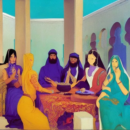 Image similar to a detailed oil painting of a harem with arabic patterns, turquoise and purple fire, by nicholas roerich, by frank frazetta by georgia o keeffe by frederick william elwell, by hans emmenegger, by bruce pennington, by eyvind earle highly detailed, realistic, outline, line work, oriental,