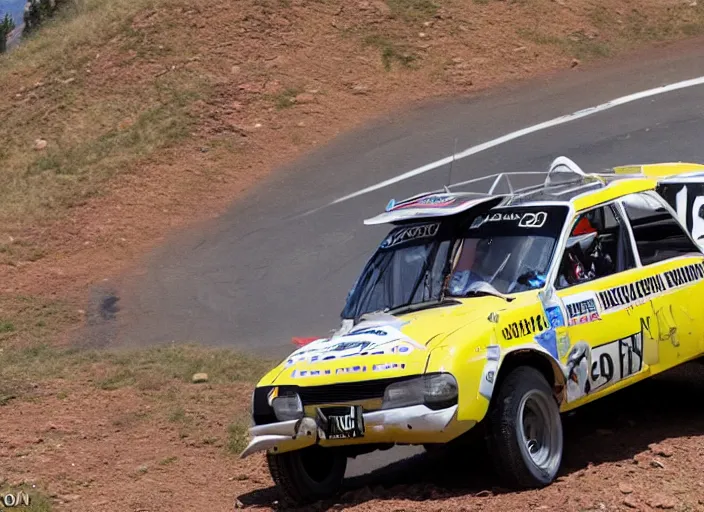 Prompt: An old Dacia made into a hillclimb car is racing at Pikes Peak, pro photo