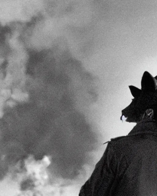 Prompt: a fox in a black trench - coat, smoking a cigarette in front of a huge explosion in the middle of a war, style of anime