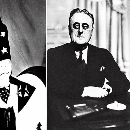 Image similar to Satanic States of America, goth Franklin Roosevelt, alternate history, FDR as a goth, occult symbols, 1941 photograph