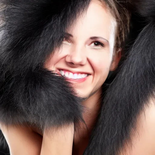 Image similar to woman rat, furry, molting, disturbing smile,