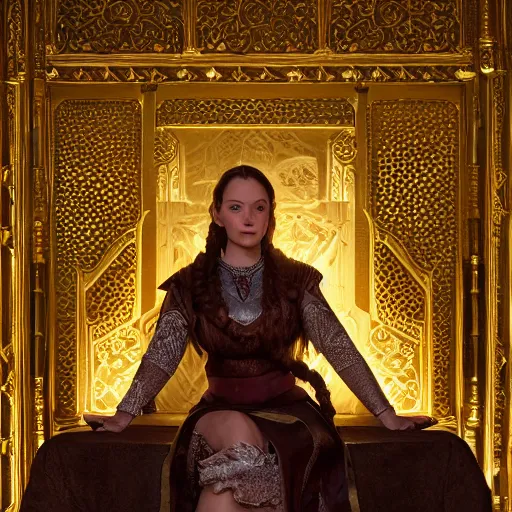 Image similar to the elder scrolls vi, charismatic gracious humble regal brunette female jarl, portrait, throne room, atmospheric lighting, painted, intricate, volumetric lighting, beautiful, daytime, sunny weather, slight overcast, sharp focus, deep colours, ultra detailed, by leesha hannigan, ross tran, thierry doizon, kai carpenter, ignacio fernandez rios