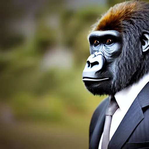 Image similar to gorilla wearing a suit and tie, ready for a meeting